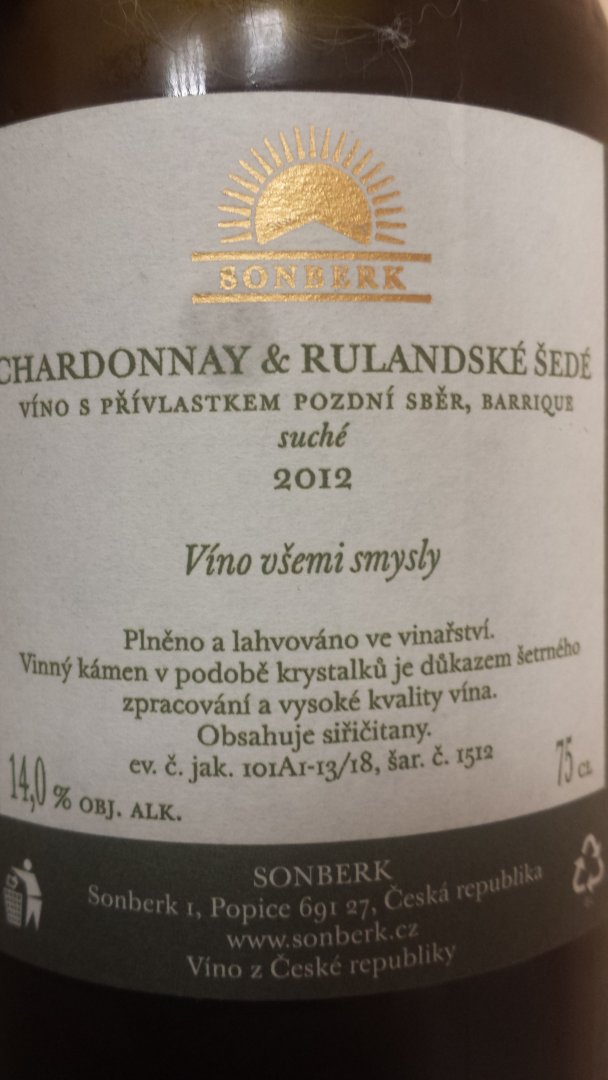 Fľaša vína Chardonnay & Rulandské šedé (Velký) 2012, pozdný sber (suché)