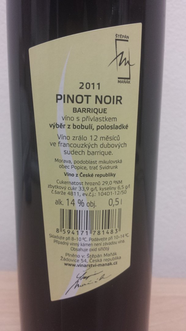 Fľaša vína Pinot Noir barrique 2011, bobuľový výber (polosladké)