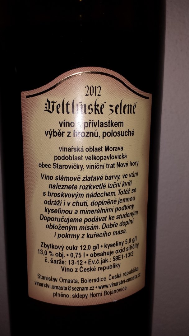Fľaša vína Veltlínské zelené 2012, výber z hrozna (polosuché)