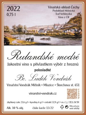 Fľaša vína Rulandské modré 2022, výber z hrozna (polosladké)