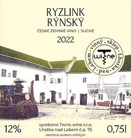Fľaša vína Ryzlink rýnský 2022, české zemské víno (suché)