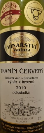 Fľaša vína Tramín červený 2010, výber z hrozna (polosladké)