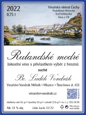 Fľaša vína Rulandské modré 2022, výber z hrozna (suché)