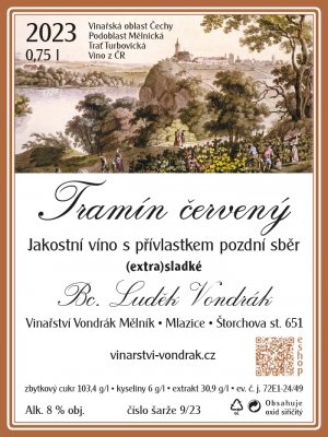 Fľaša vína Tramín červený 2023, pozdný sber (sladké)