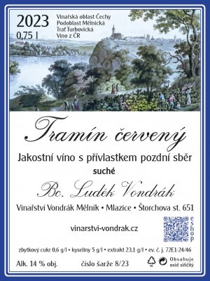 Fľaša vína Tramín červený 2023, pozdný sber (suché)