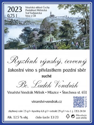 Fľaša vína Ryzlink rýnský, červený 2023, pozdný sber (suché)
