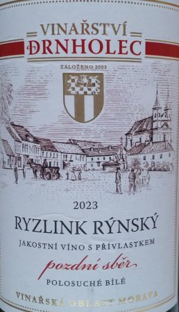 Fľaša vína Ryzlink rýnský (Vinařství Drnholec) 2023, pozdný sber (polosuché)