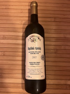 Fľaša vína Ryzlink rýnský 2017, pozdný sber (suché)