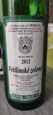 Fľaša vína Veltlínské zelené 2012, výber z hrozna (polosuché)