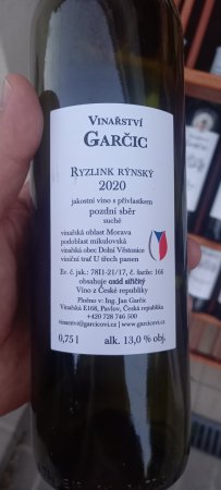 Fľaša vína Ryzlink rýnský 2020, pozdný sber (suché)