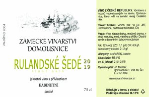 Fľaša vína Rulandské šedé 2019, kabinetné víno (suché)
