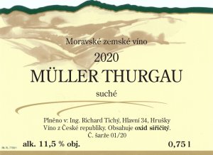 Fľaša vína Müller Thurgau 2020, zemské víno (suché)