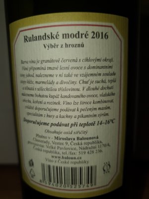 Fľaša vína Rulandské modré 2016, akostné víno známkové