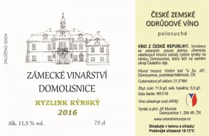 Fľaša vína Ryzlink rýnský 2016, zemské víno (polosuché)