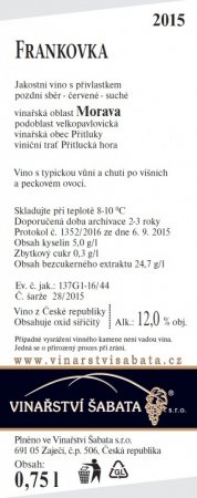 Fľaša vína Frankovka 2015, pozdný sber (suché)