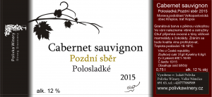 Fľaša vína Cabernet Sauvignon 2015, pozdný sber (polosladké)
