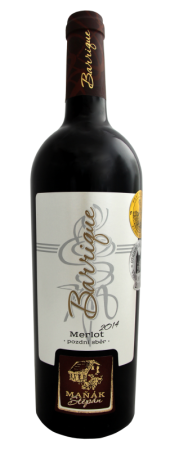 Fľaša vína Merlot barrique 2014, pozdný sber (suché)
