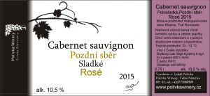 Fľaša vína Cabernet Sauvignon 2015, pozdný sber (sladké)