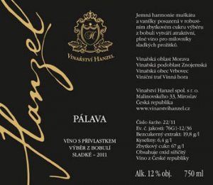 Fľaša vína Pálava 2011, bobuľový výber (sladké)