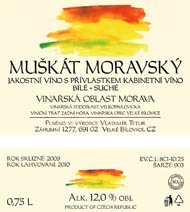 Fľaša vína Moravský muškát 2009, kabinetné víno (suché)